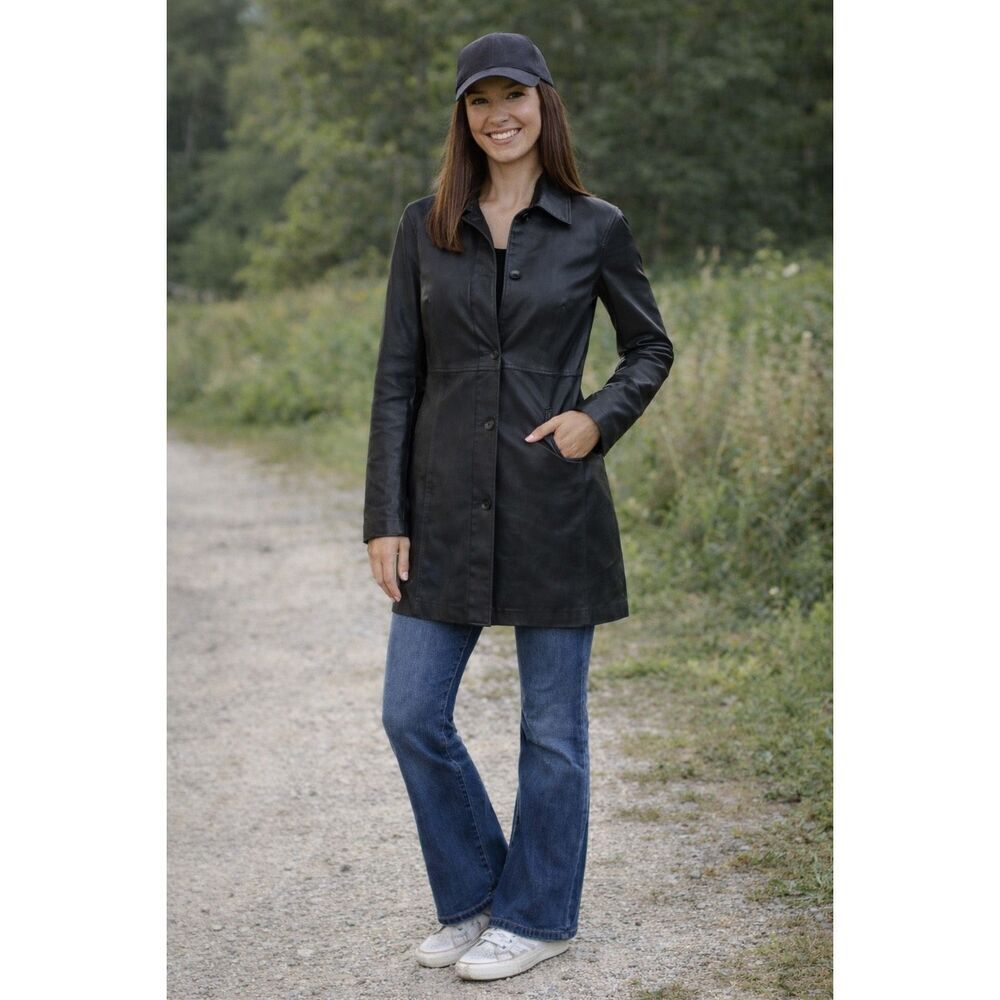 Vintage Y2K Express Black Longline Leather Jacket Womens size 7/8